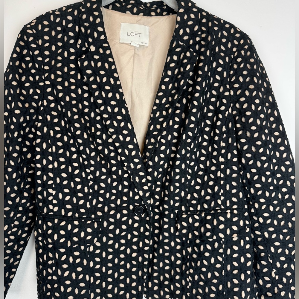 LOFT Petite Black Floral Eyelet Cutout Blazer Cream Lined 10P